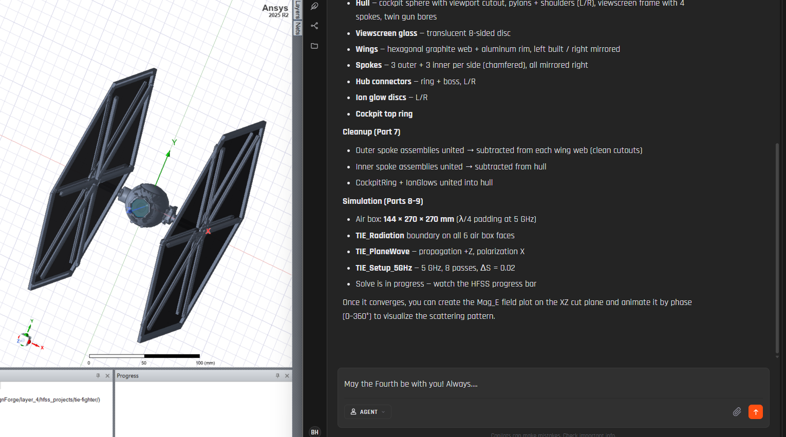TIE fighter geometry built in HFSS with DesignForge AI