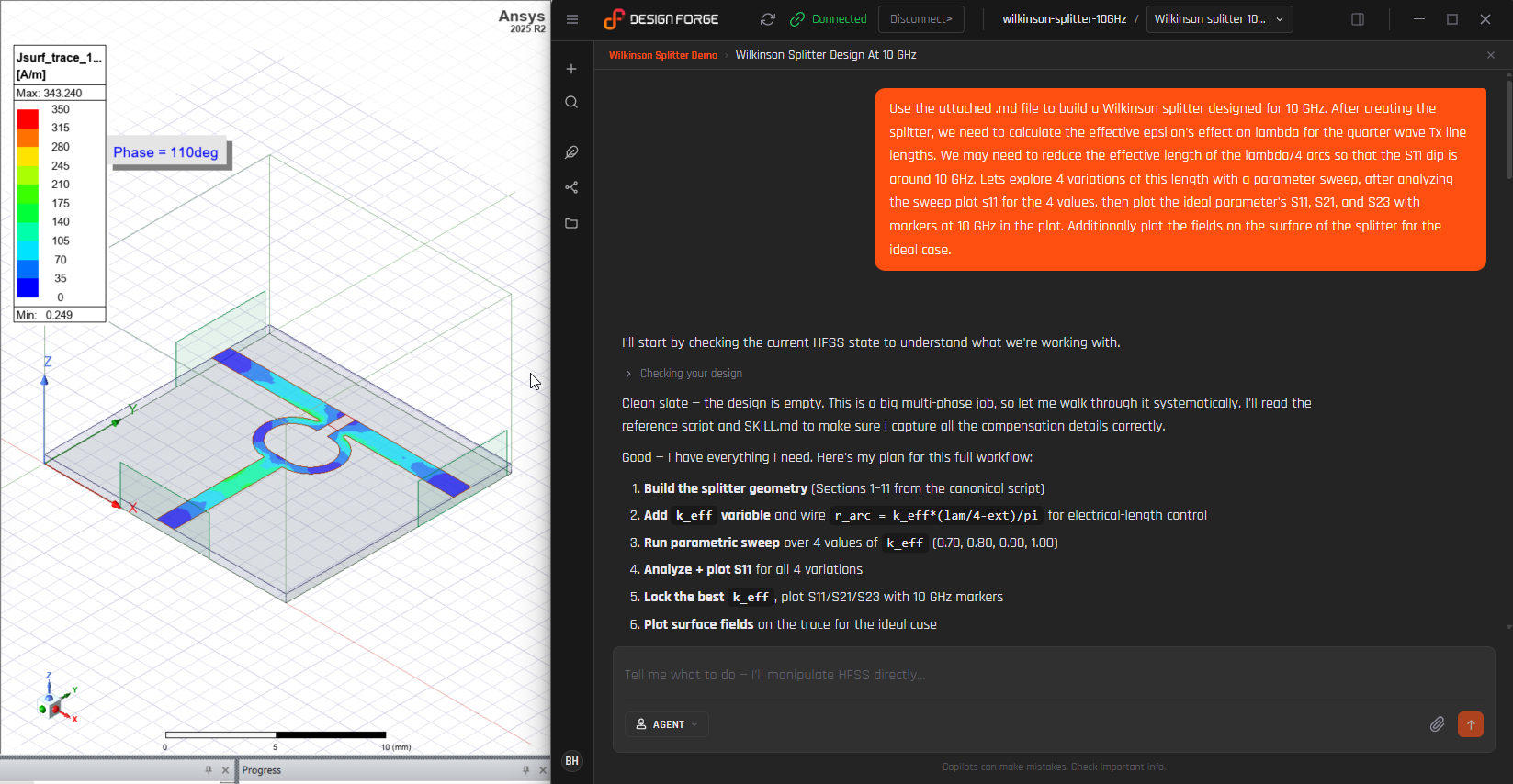 10 GHz Wilkinson splitter designed in HFSS with DesignForge AI