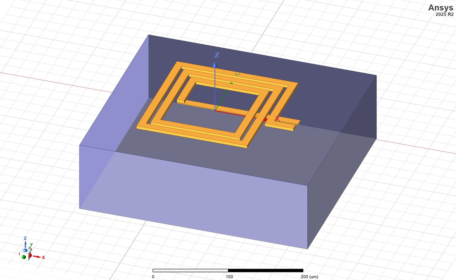 A square spiral inductor on GaAs built in HFSS by an agent skill